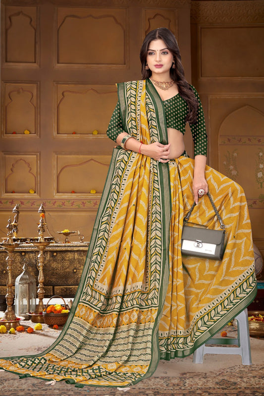 Mall Cotton Leriyu Print Saree with Leaf Border