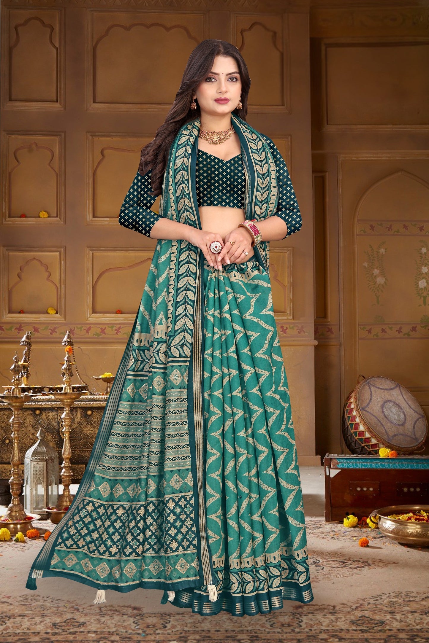 Mall Cotton Leriyu Print Saree with Leaf Border