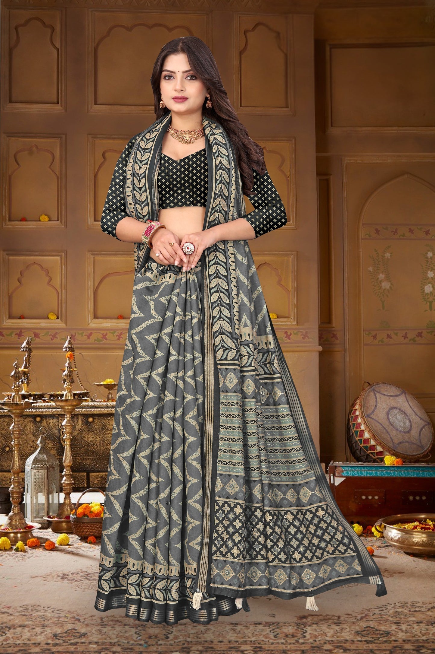 Mall Cotton Leriyu Print Saree with Leaf Border