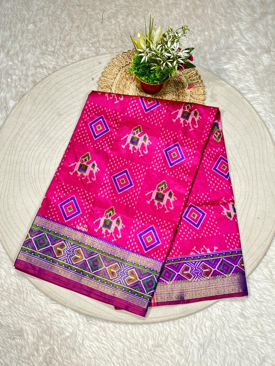 Ikat Silk Saree with Elephant Motifs & Blue Designer Border | Shagun Sarees