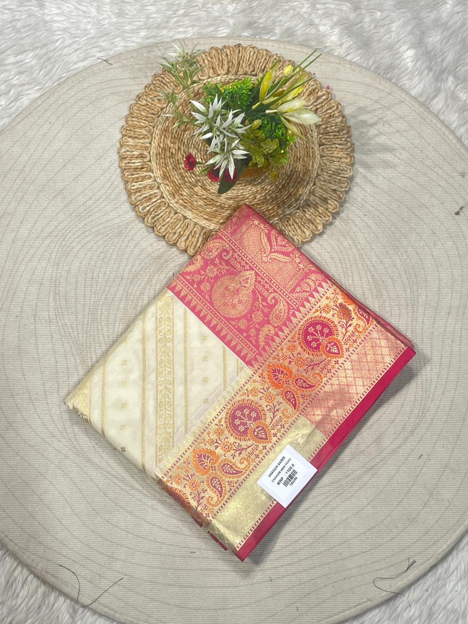 Cream & Pink Zari Woven Banarasi Style Festive Saree | Shagun Sarees