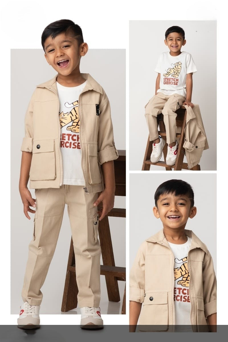 SHAGUN FASHION Trendy Beige Jacket Set with Graphic Tee for Boys 👦✨