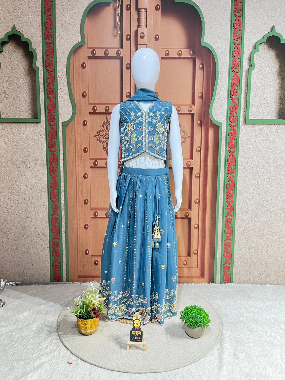 Royal Sky Blue Embroidered Lehenga Set for Girls