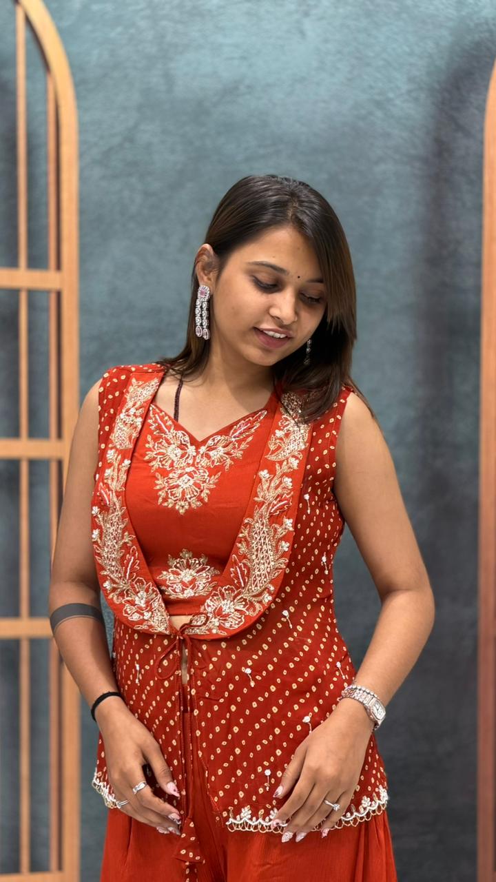 SHAGUN FASHION Rust Embroidered Indo-Western Palazzo Set with Jacket – Festive Fusion Wear