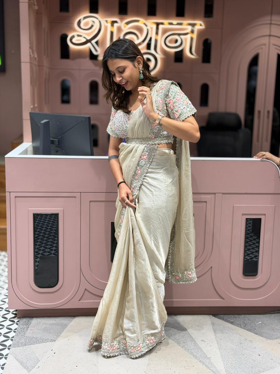 Pastel Designer Organza Silk Saree with Floral Embroidered Blouse | Elegant Wedding & Party Wear | Shagun Sarees