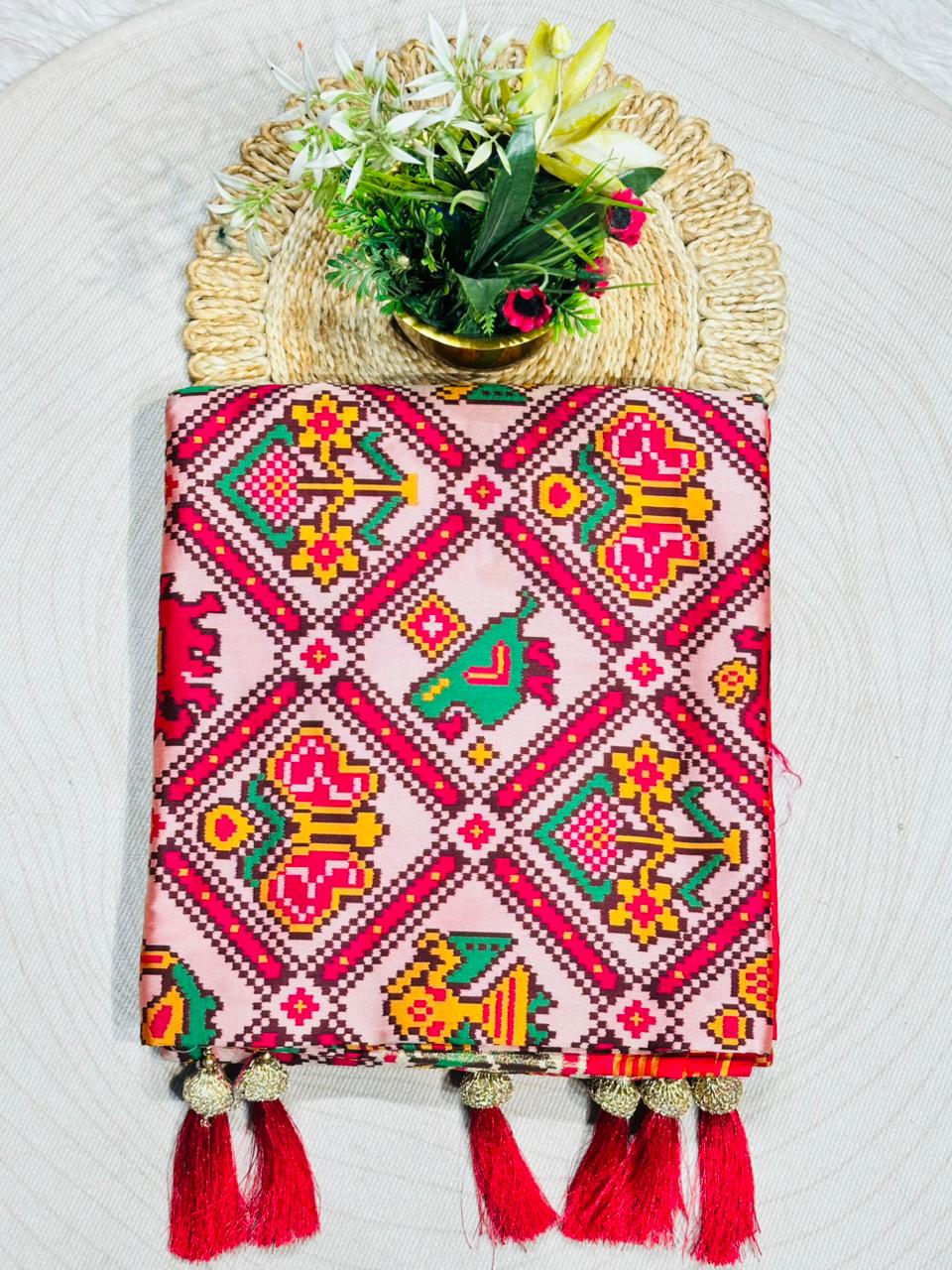 Elegant Patola Print Saree with Rich Golden Border & Stylish Tassels – Premium Collection by SHAGUN FASHION
