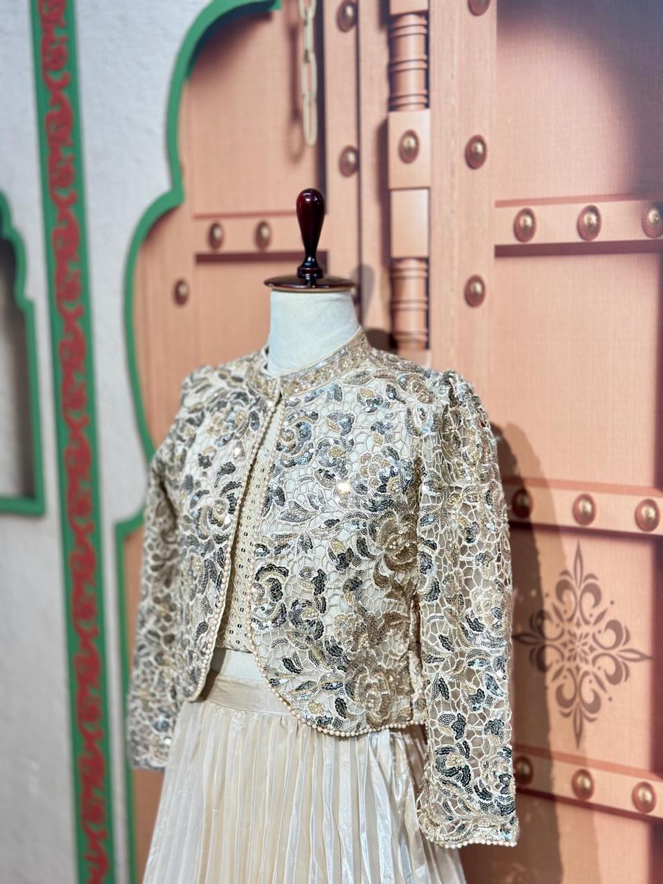 Cream Embroidered Girls Lehenga Set With Designer Jacket | By SHAGUN FASHION