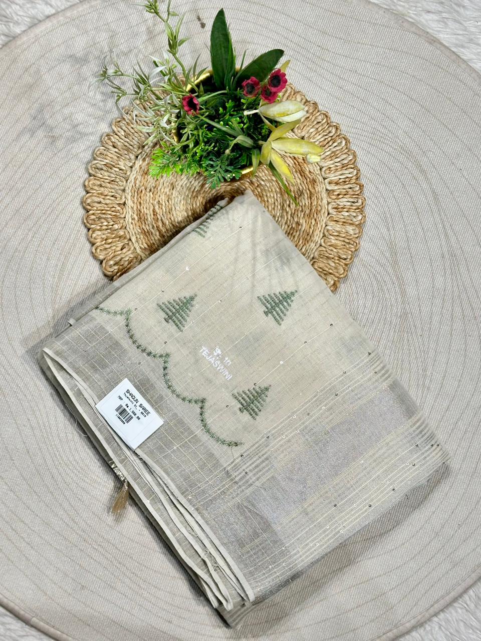 Linen Tissue Saree With Tassels By SHAGUN FASHION