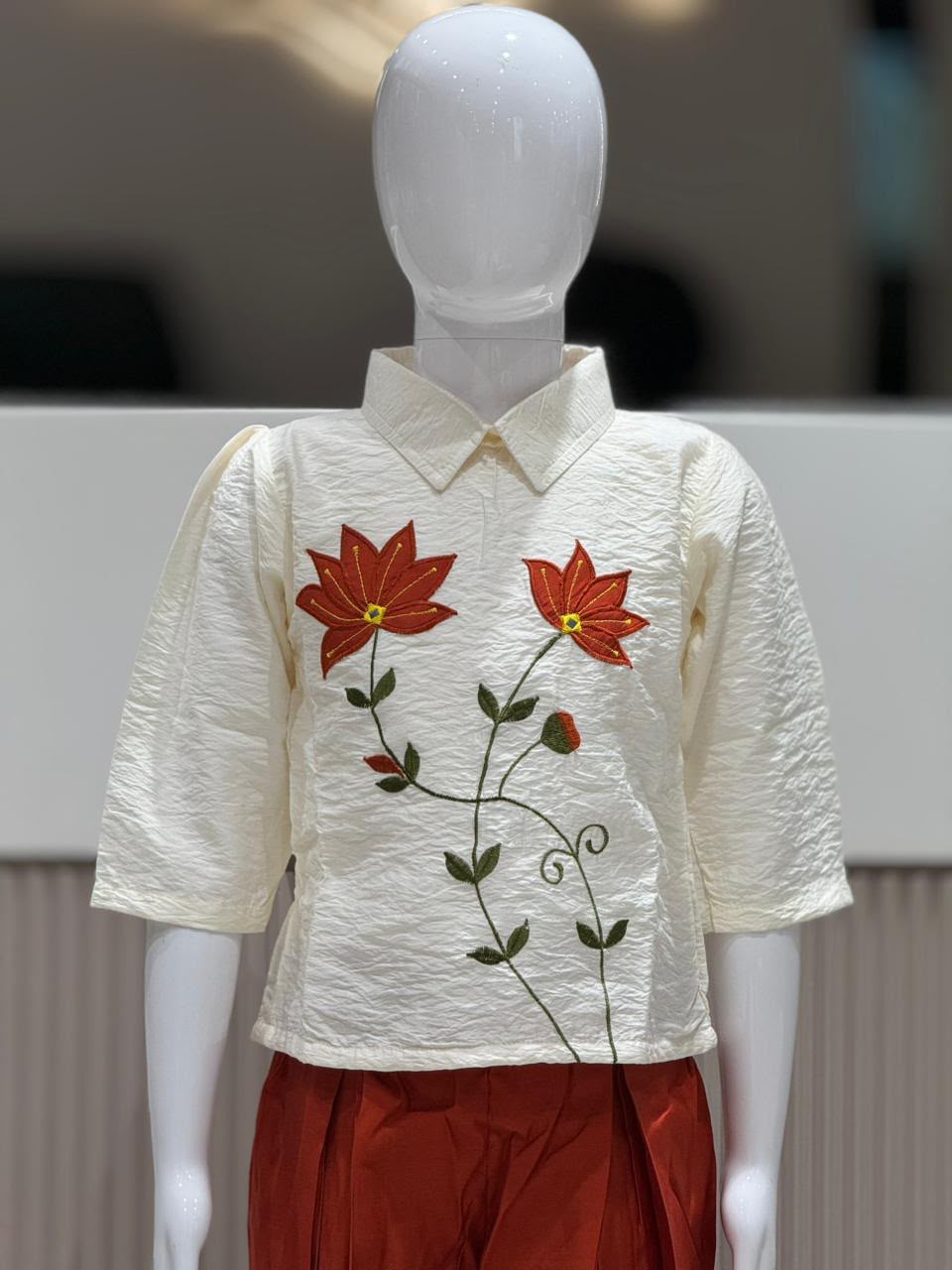 SHAGUN FASHION Trendy Kids Girl Indo-Western Co-Ord Set โ Off-White Crinkle Shirt with Beautiful Rust Orange Flower Embroidery & Matching Wide-Leg Palazzo Pants