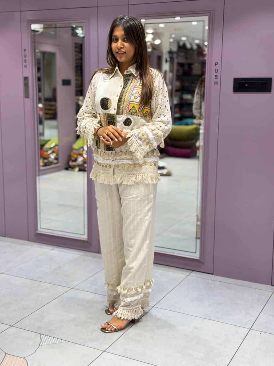 Trendy Boho-Style Off-White Co-Ord Set with Colorful Patchwork & Fringe Details