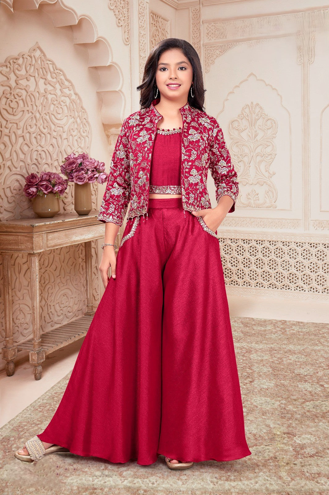 SHAGUN FASHION Girls Wine-Red 3-Piece Crop Top, Palazzo, and Jacket Set