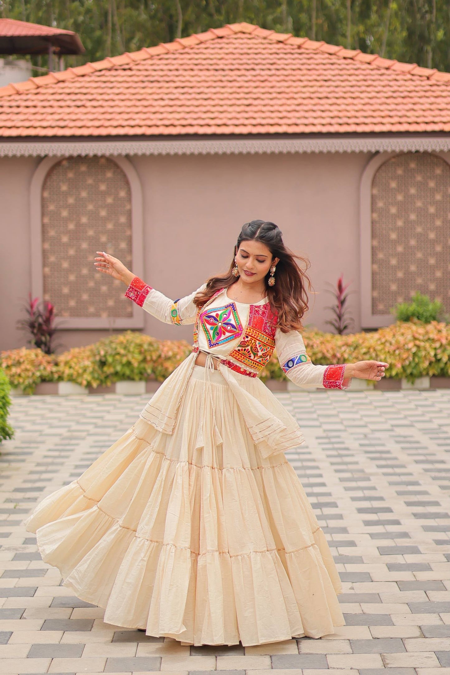SHAGUN FASHION Exclusive Designer Cream Navratri Chaniya Choli Set with Colorful Kutchi Work Koti