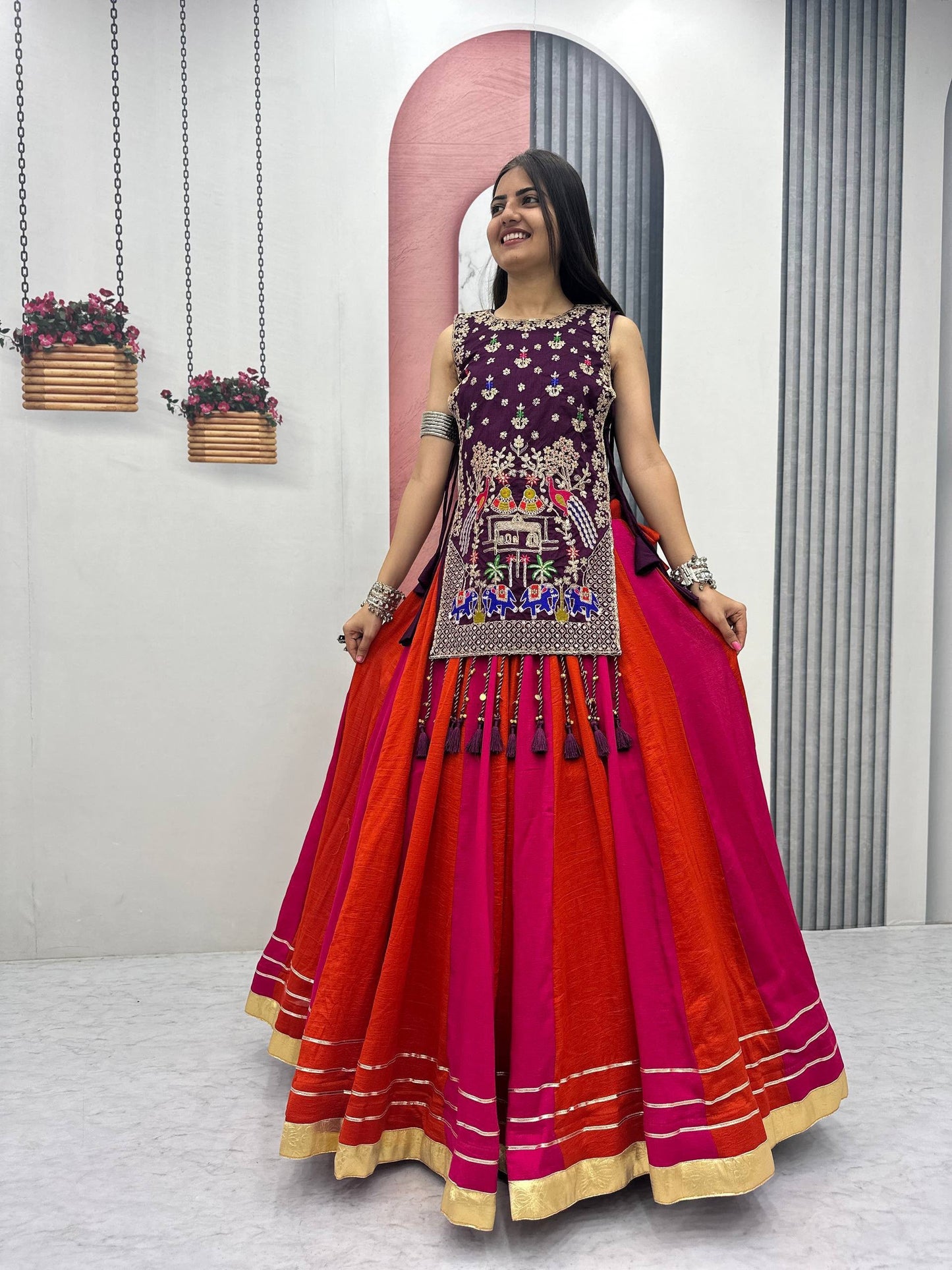 SHAGUN FASHION Traditional Gujarati Kutchi Embroidered Top & Multi-Color Flared Lehenga Set