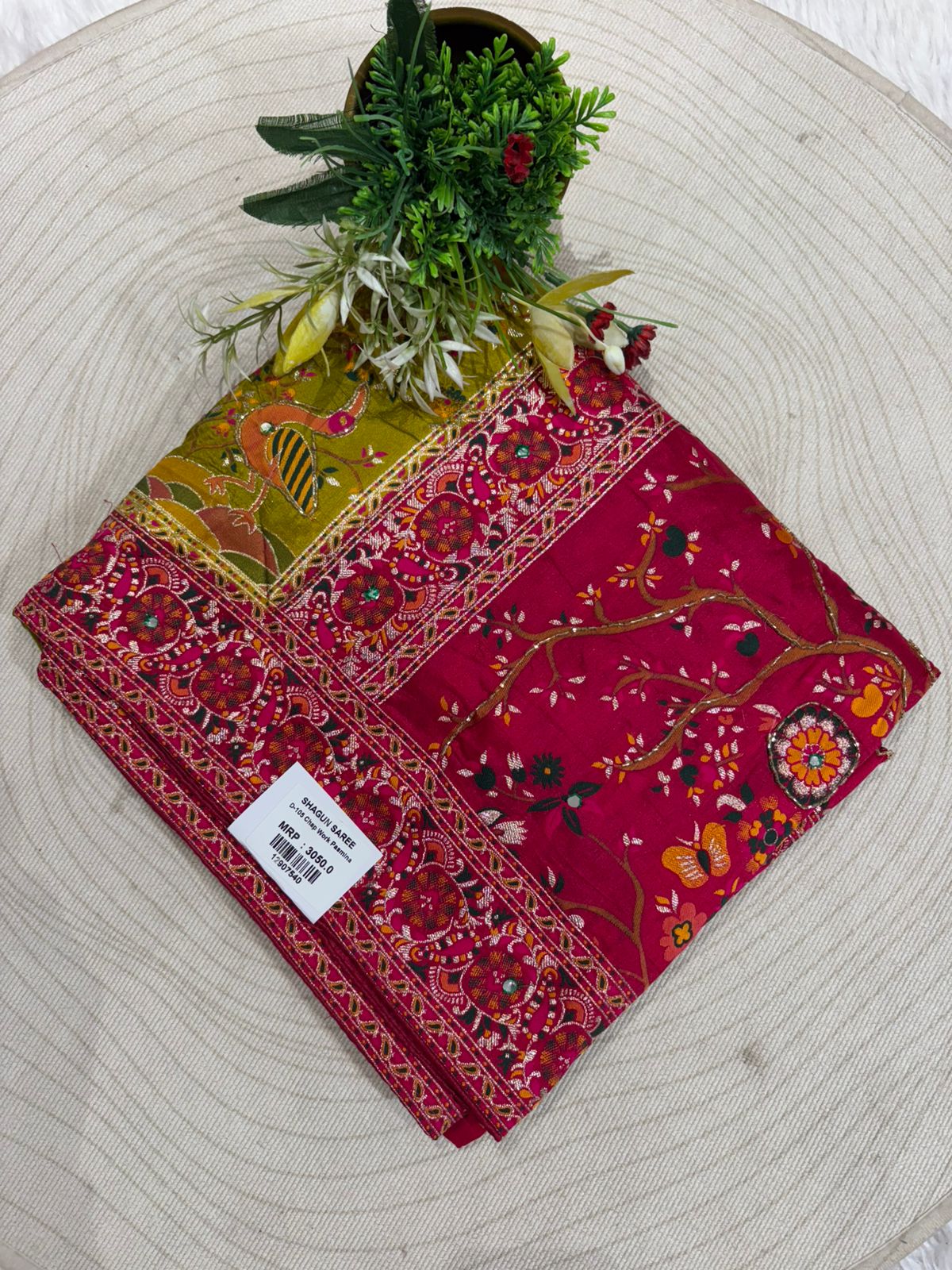 โจ Traditional Pashmina Saree with Red Maroon Pallu ๐๏ธ | Moti & Embroidery Bird Design ๐ณ | Festive & Wedding Wear ๐