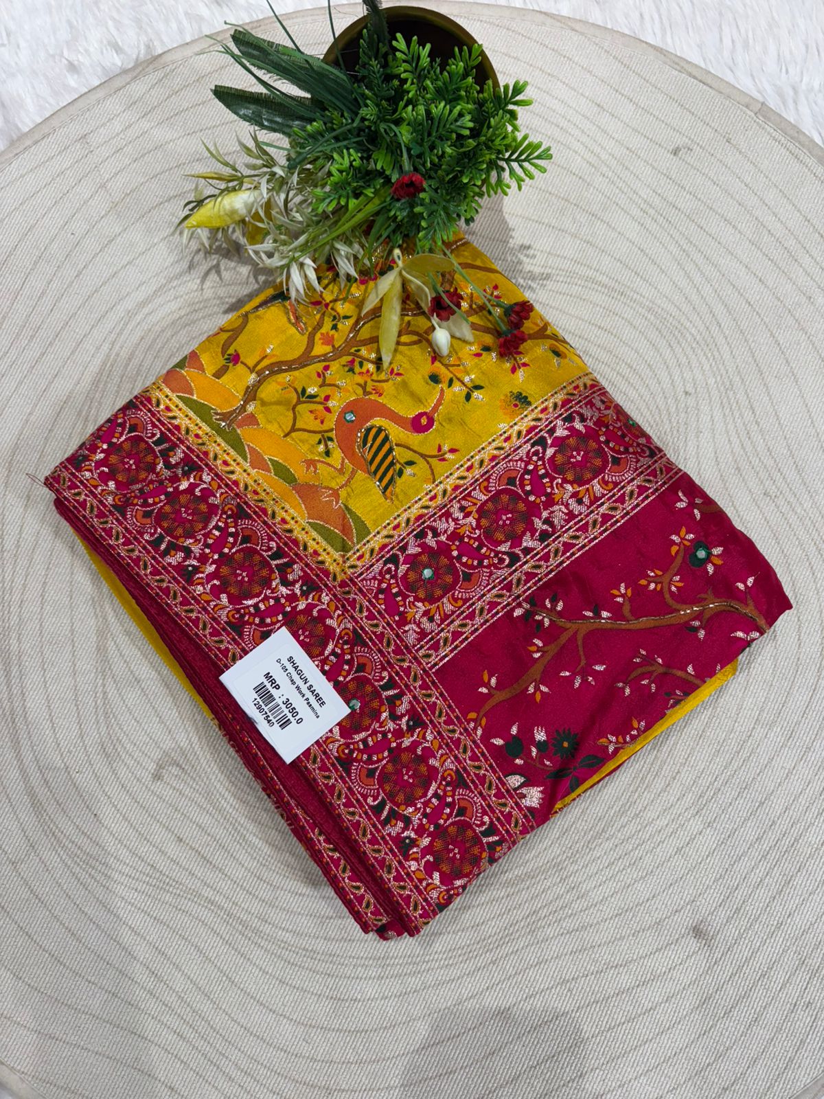 โจ Traditional Pashmina Saree with Red Maroon Pallu ๐๏ธ | Moti & Embroidery Bird Design ๐ณ | Festive & Wedding Wear ๐