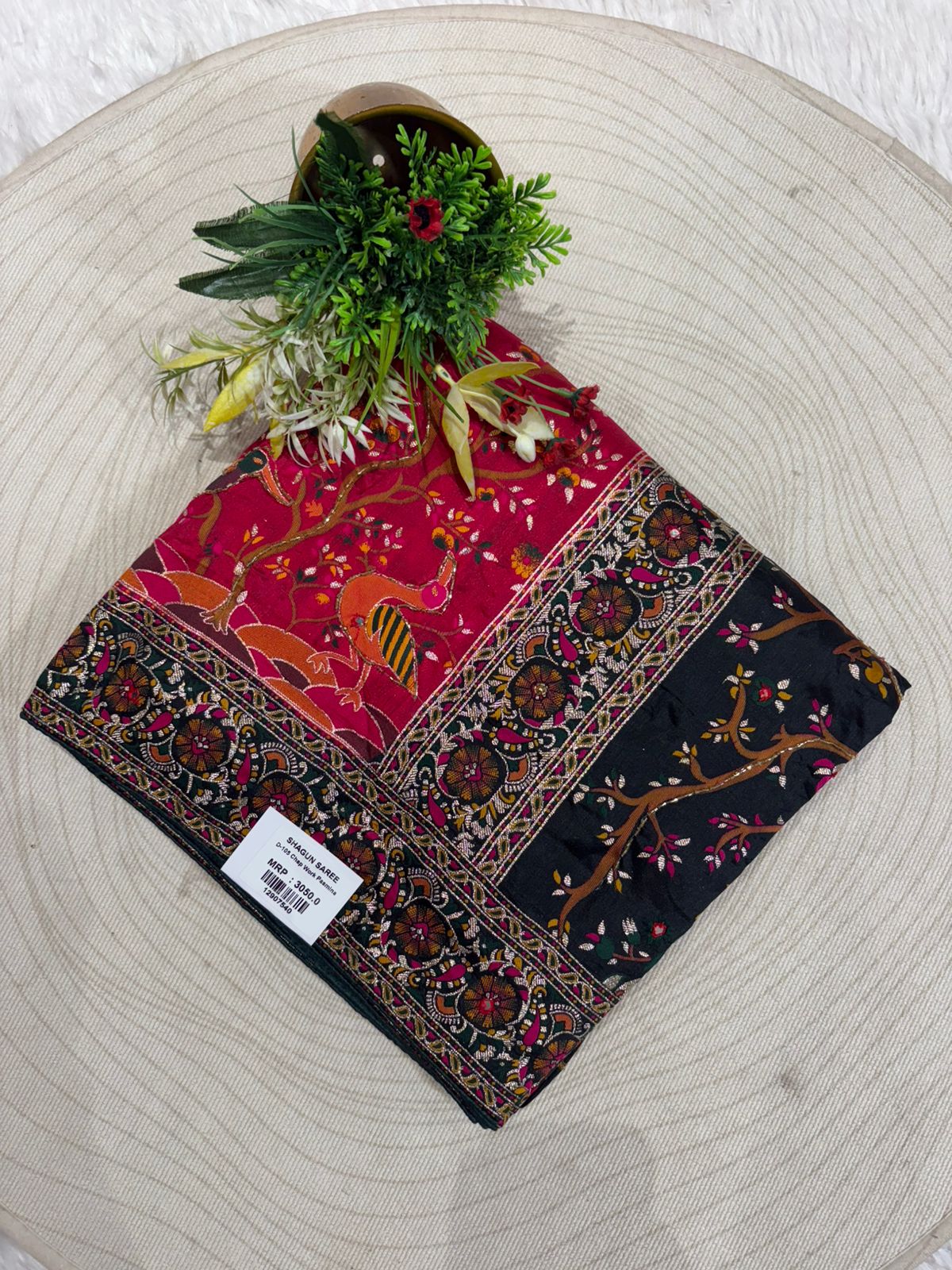 โจ Traditional Pashmina Saree with Red Maroon Pallu ๐๏ธ | Moti & Embroidery Bird Design ๐ณ | Festive & Wedding Wear ๐