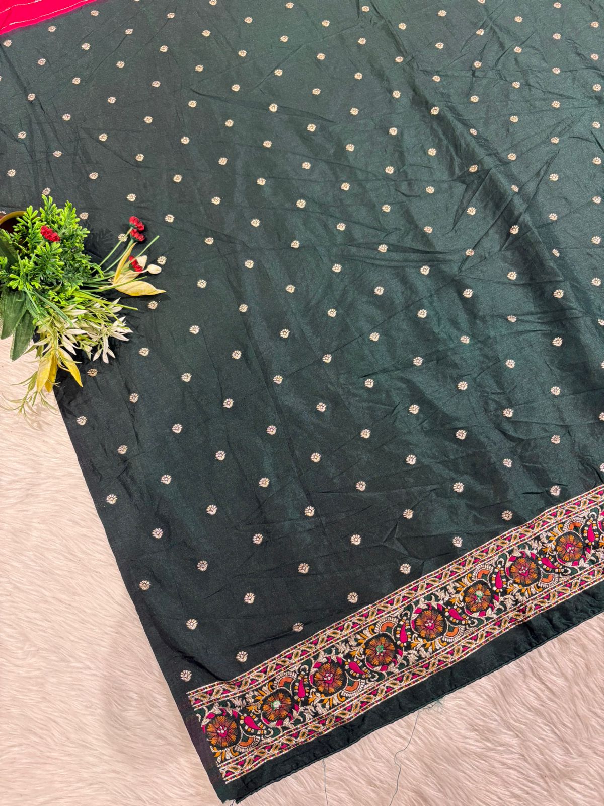 โจ Traditional Pashmina Saree with Red Maroon Pallu ๐๏ธ | Moti & Embroidery Bird Design ๐ณ | Festive & Wedding Wear ๐