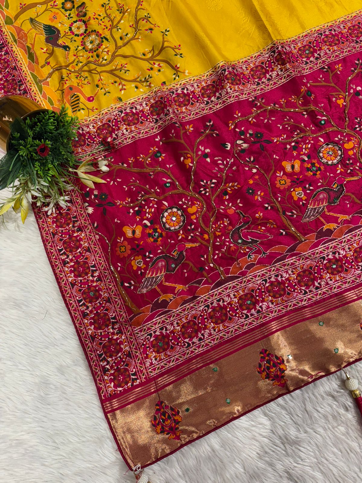 โจ Traditional Pashmina Saree with Red Maroon Pallu ๐๏ธ | Moti & Embroidery Bird Design ๐ณ | Festive & Wedding Wear ๐
