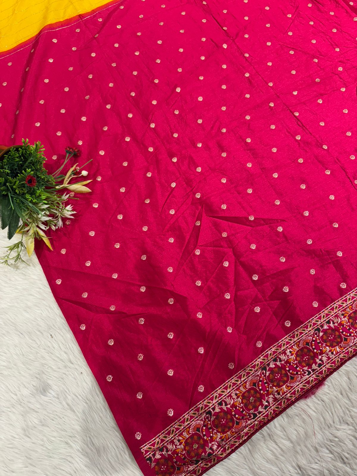 โจ Traditional Pashmina Saree with Red Maroon Pallu ๐๏ธ | Moti & Embroidery Bird Design ๐ณ | Festive & Wedding Wear ๐