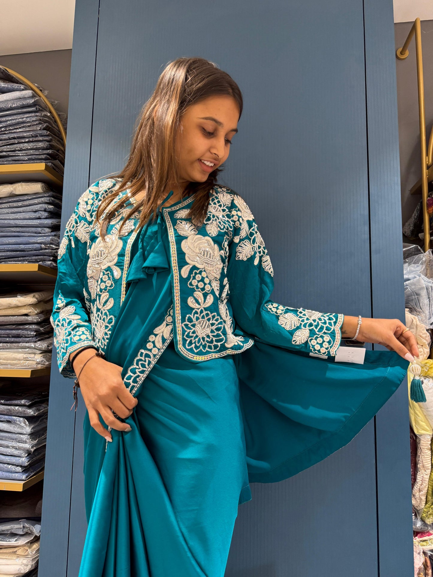 Ready to Wear Embroidered Saree with Designer Blouse & Shrug β¨ | Shagun Fashion Exclusive π