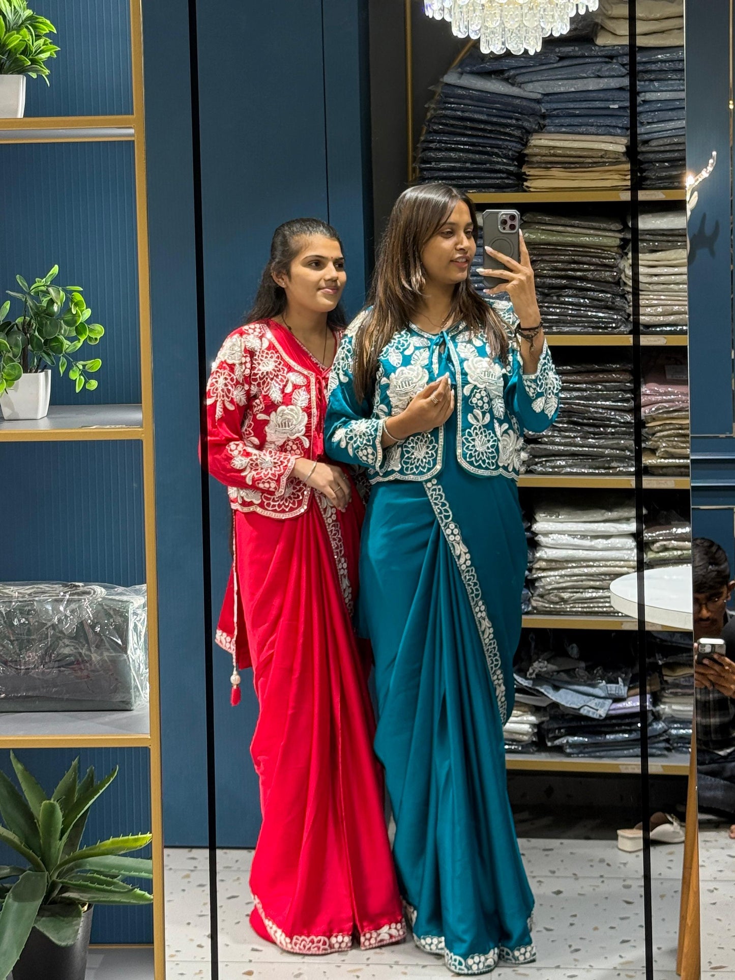 Ready to Wear Embroidered Saree with Designer Blouse & Shrug β¨ | Shagun Fashion Exclusive π