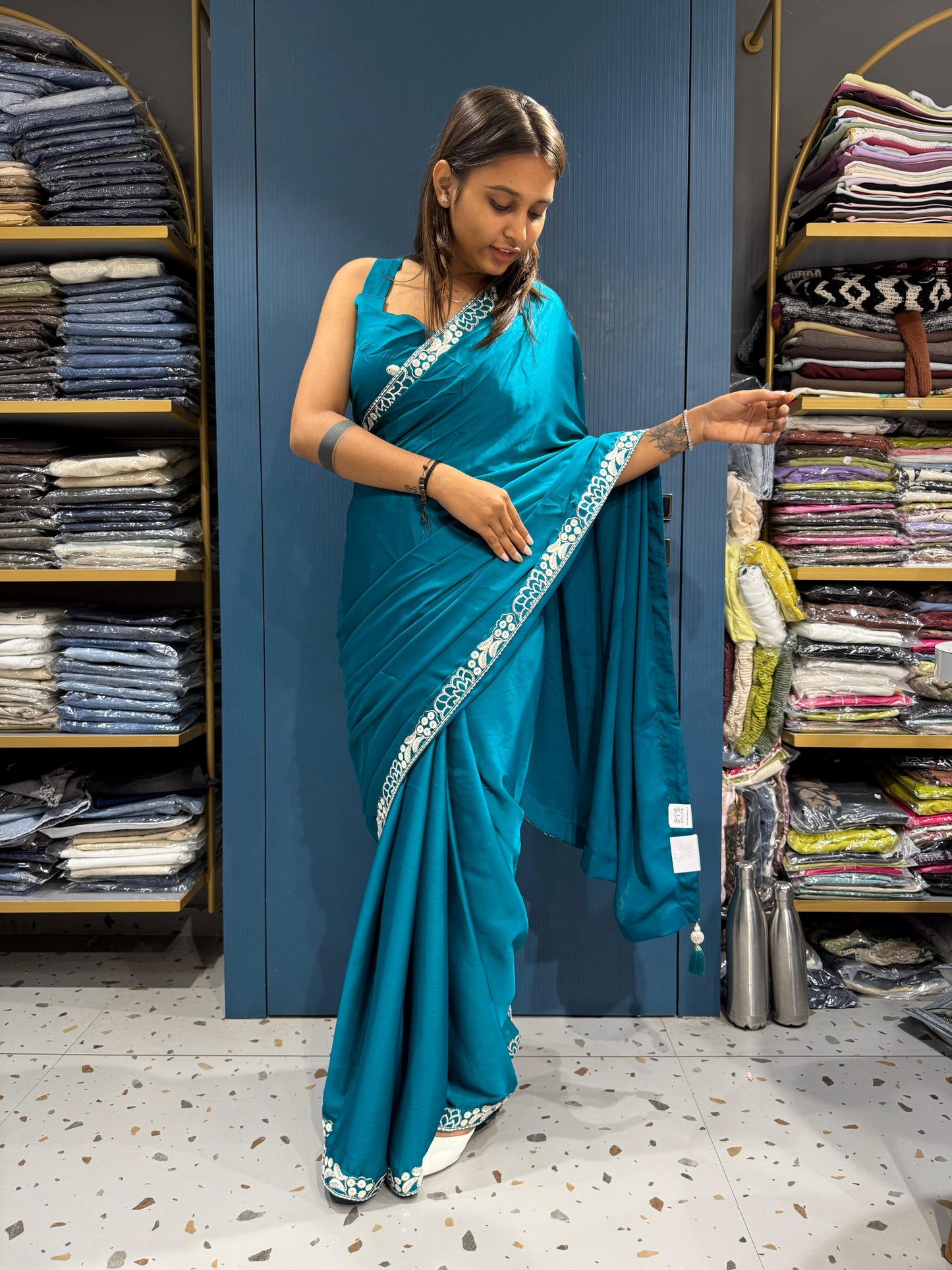 Ready to Wear Embroidered Saree with Designer Blouse & Shrug β¨ | Shagun Fashion Exclusive π