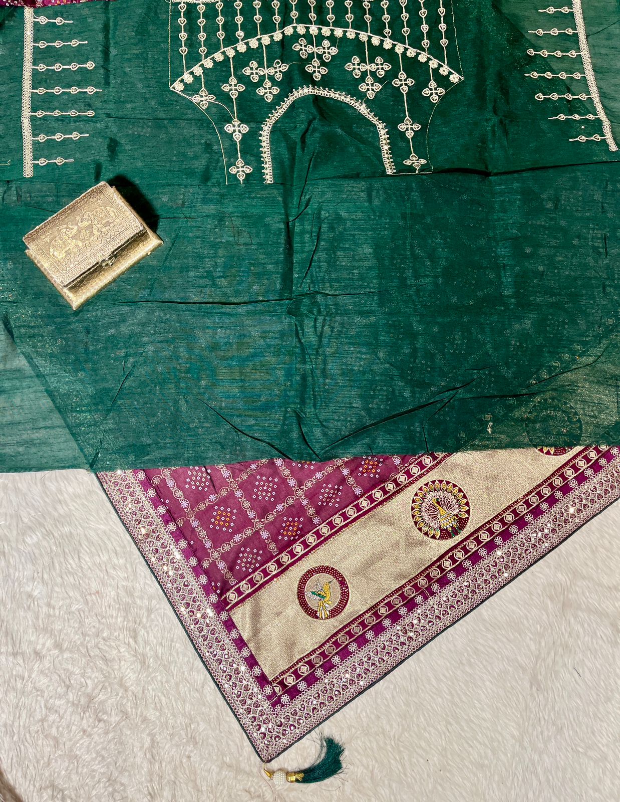 Bandhani Saree with Jarkan Work & Peacock Pallu