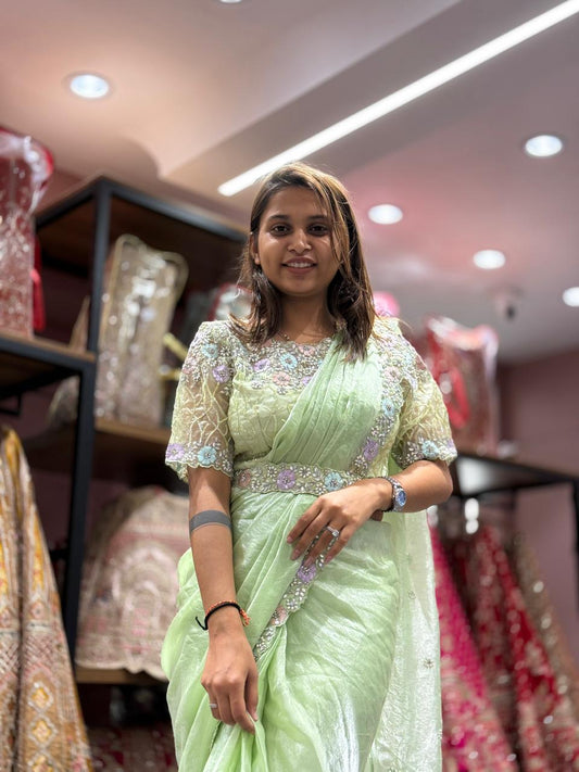Pastel Green Ready-to-Wear Saree with Hand Embroidery