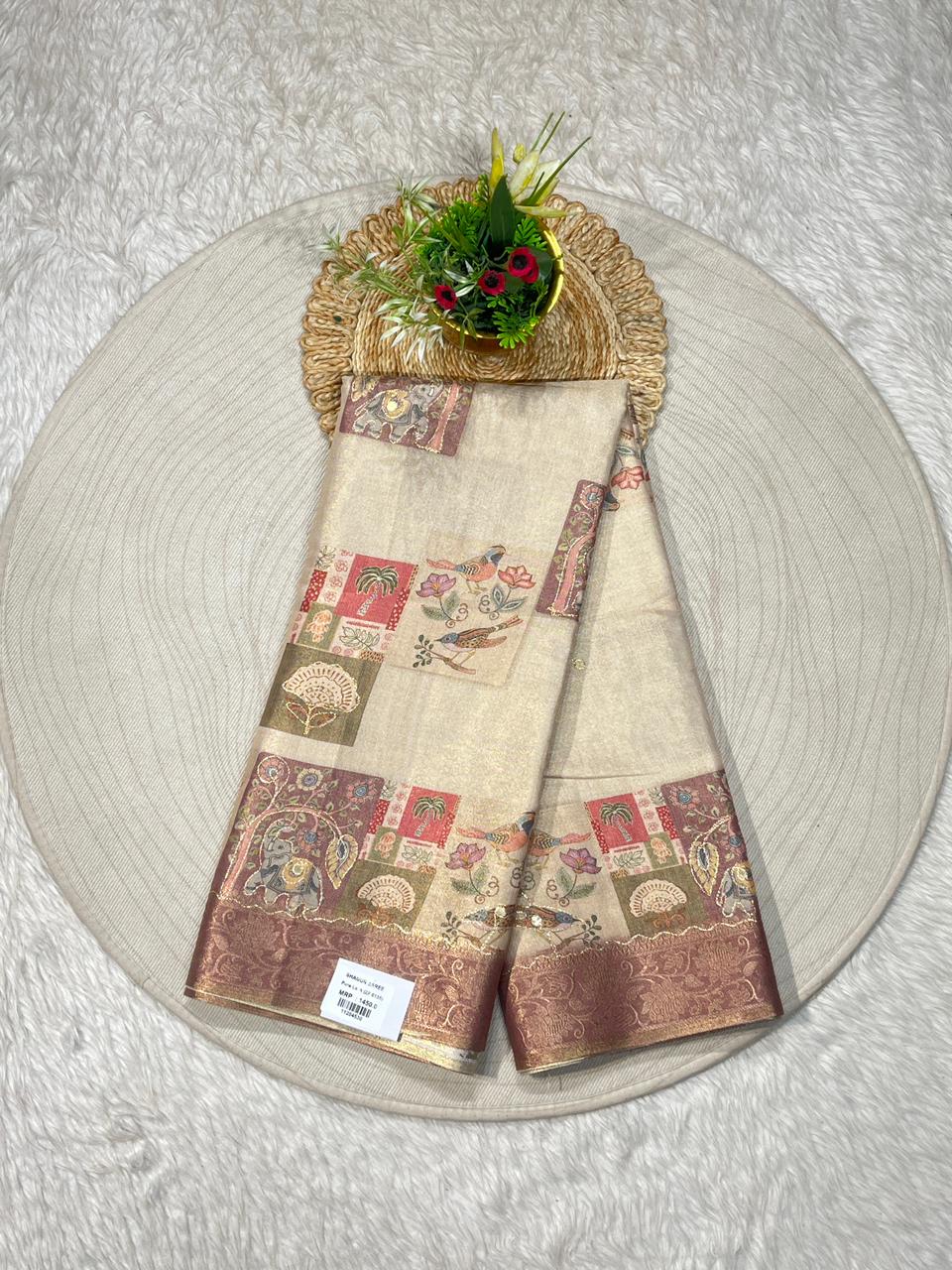 SHAGUN FASHION Beige Silk Saree with Artistic Printed Pallu & Border