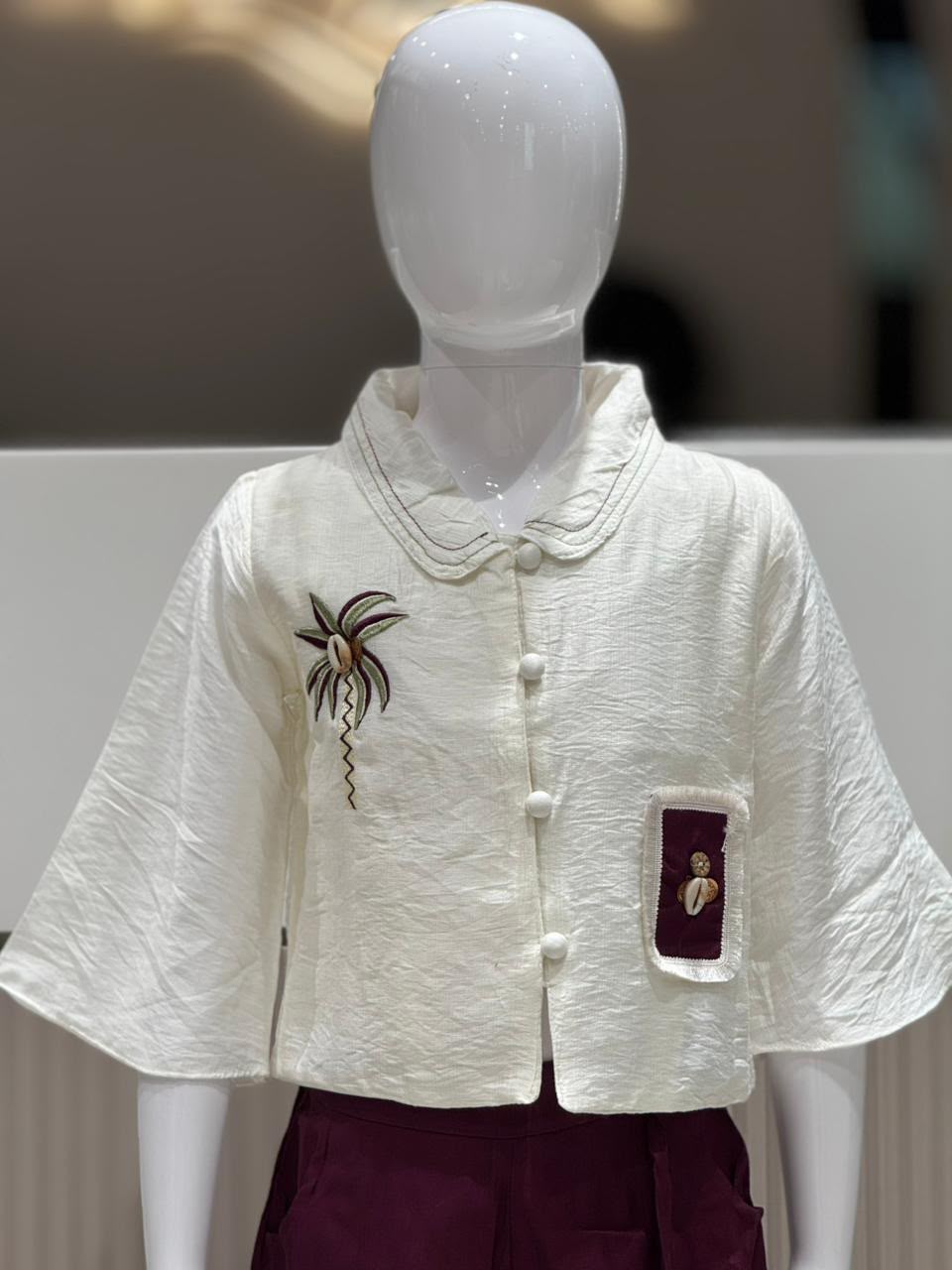 SHAGUN FASHION Trendy Kids Girl Indo-Western Co-Ord Set β Off-White Crop Shrug Jacket with Wine Red Wide-Leg Palazzo Pants