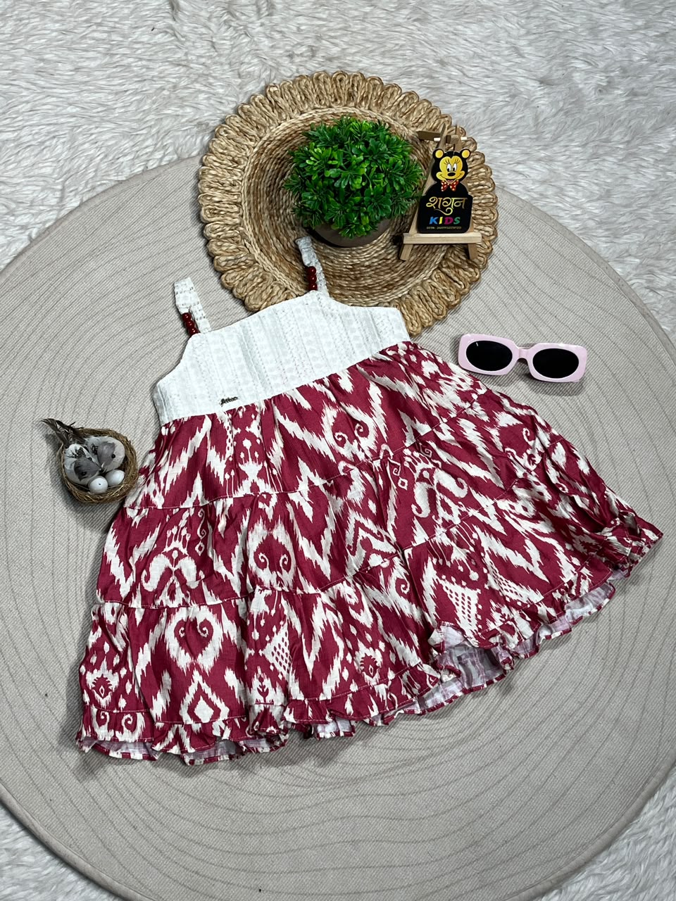 SHAGUN FASHION Trendy Ikat Print Layered Frock with Bead Straps for Baby Girls