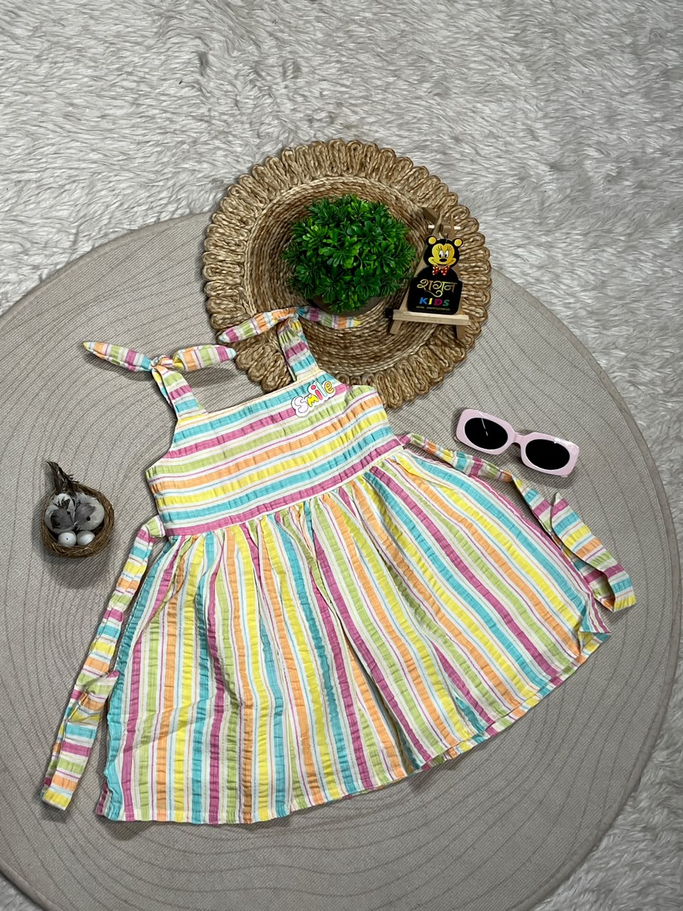 SHAGUN FASHION Colorful Rainbow Stripe Cotton Frock with "Smile" Patch for Baby Girls
