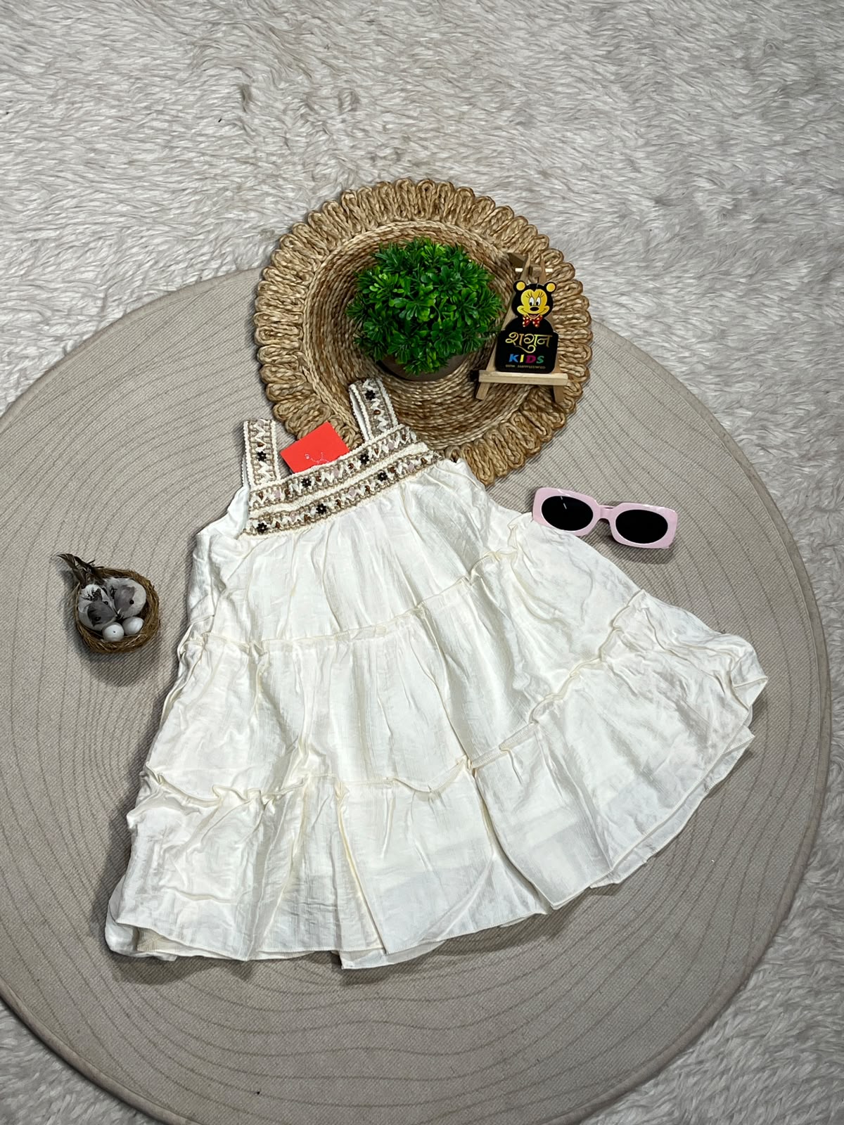 SHAGUN FASHION White Layered Frock with Beautiful Neck Embroidery for Baby Girls