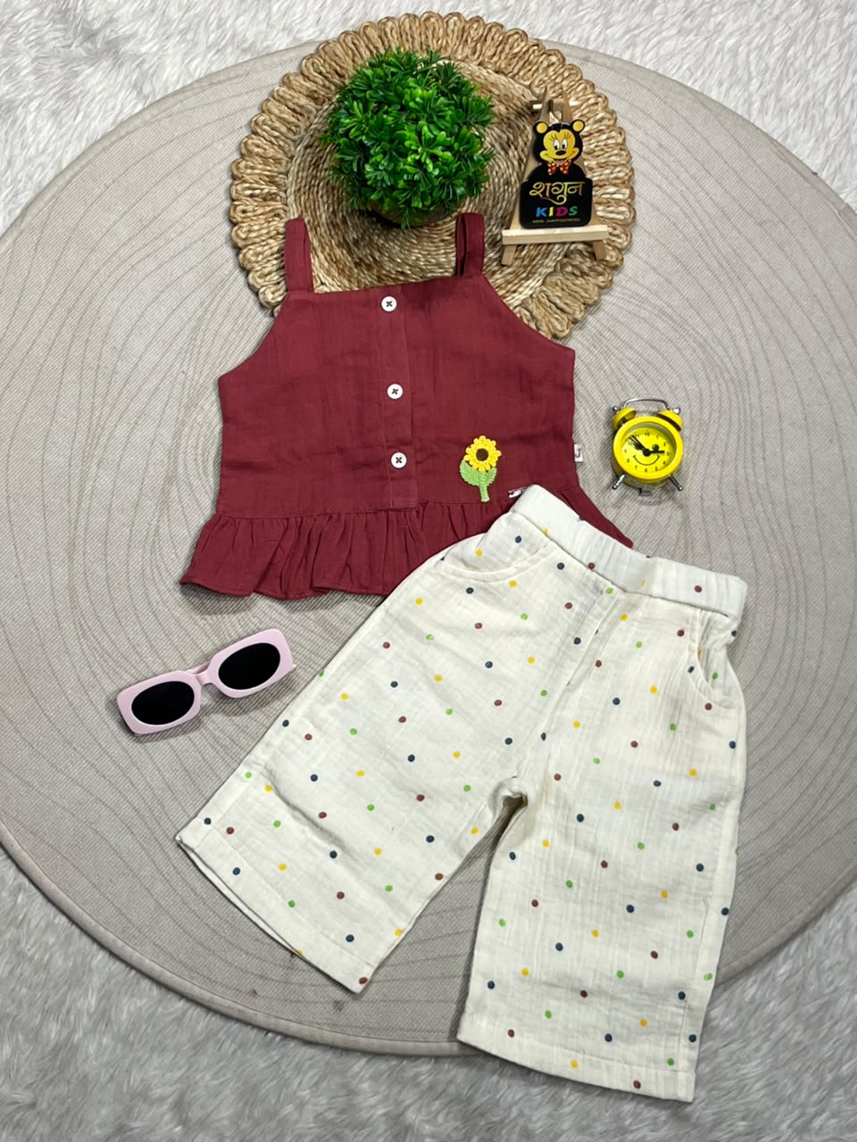 SHAGUN FASHION Cute Kids Girl Summer Co-Ord Set – Maroon Strappy Ruffle Top with Sunflower Patch and Colorful Polka Dot Pants