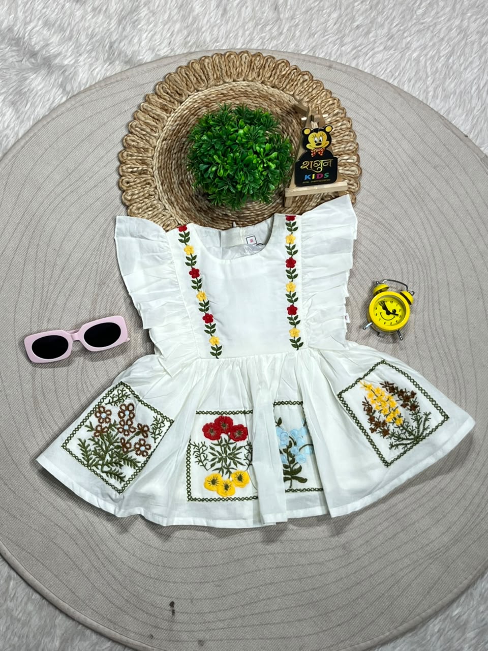 SHAGUN FASHION Beautiful Kids Girl White Butterfly Sleeve Frock – Festive Cotton Dress with Colorful Floral Garden Embroidery