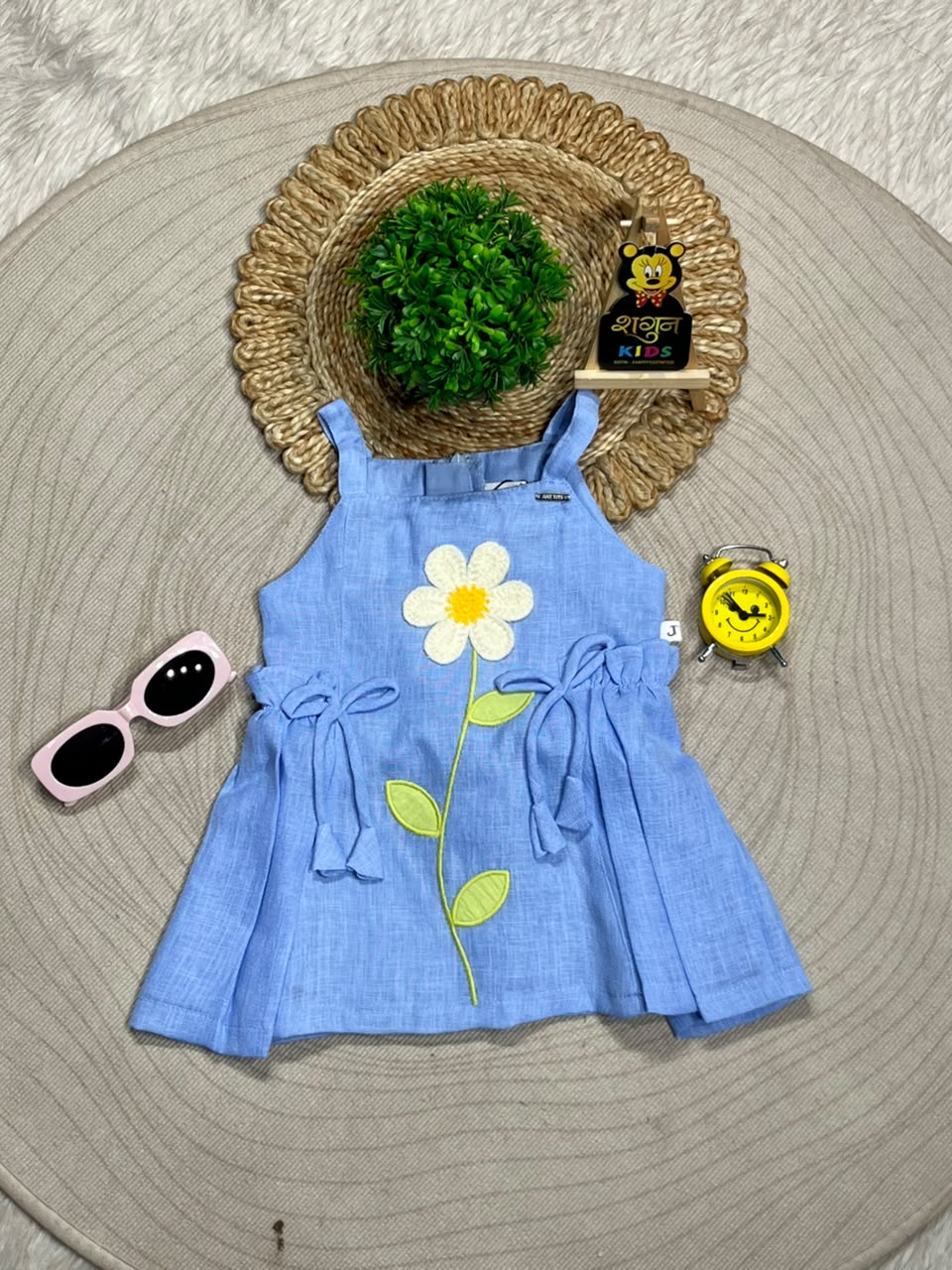 SHAGUN FASHION Cute Kids Girl Summer Cotton Frock – Sky Blue Sleeveless Dress with Big White Flower Patch and Side Bow Ties