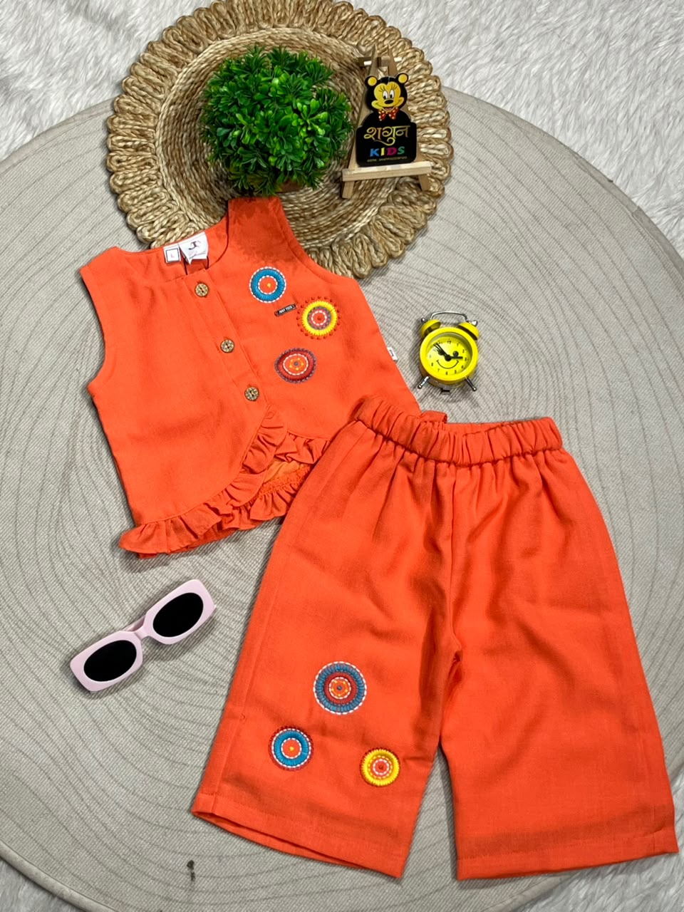 SHAGUN FASHION Premium Kids Girl Summer Co-Ord Set – Bright Orange Sleeveless Buttoned Top and Palazzo Pants with Fancy Traditional Mirror-Look Ring Patches