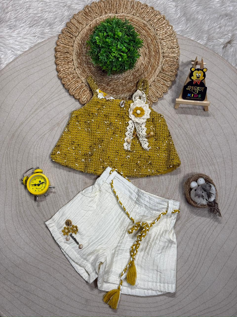 SHAGUN FASHION Cute Mustard Yellow Crochet Top and White Shorts Set for Girls