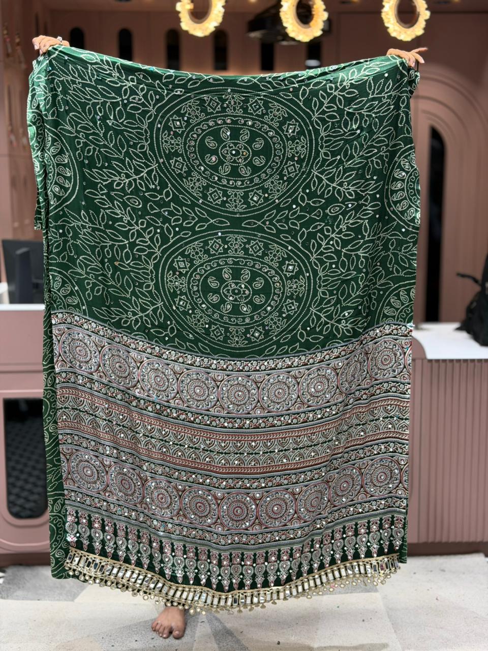 SHAGUN FASHION Exclusive Traditional Bandhani Saree with Heavy Mirror Work Border and Beautiful Ajrakh Print Pallu