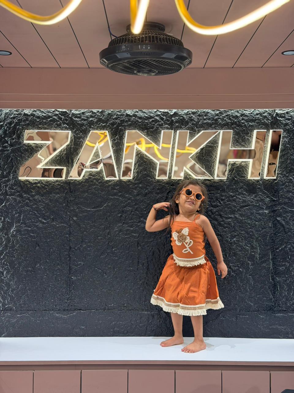 SHAGUN FASHION Cute Rust Orange Cotton Crop Top & Skirt Set with Cool Fringe Details for Little Girls