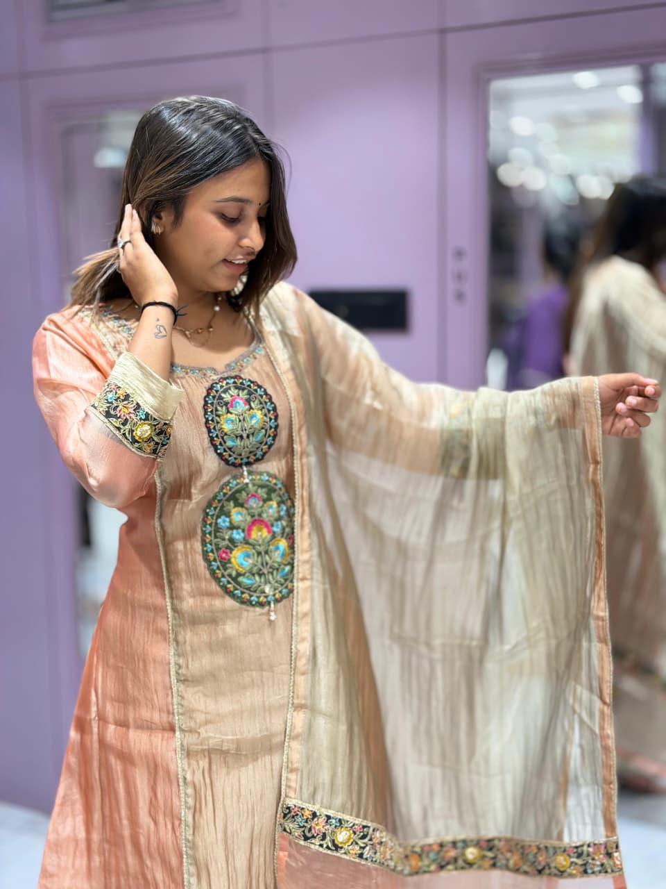 SHAGUN FASHION Peach & Olive Tissue Silk Salwar Suit Set