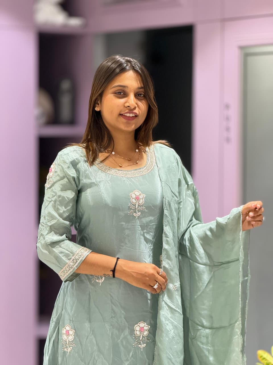 SHAGUN FASHION Premium Silk Chanderi Kurta Set with Handwork Booti & Matching Dupatta