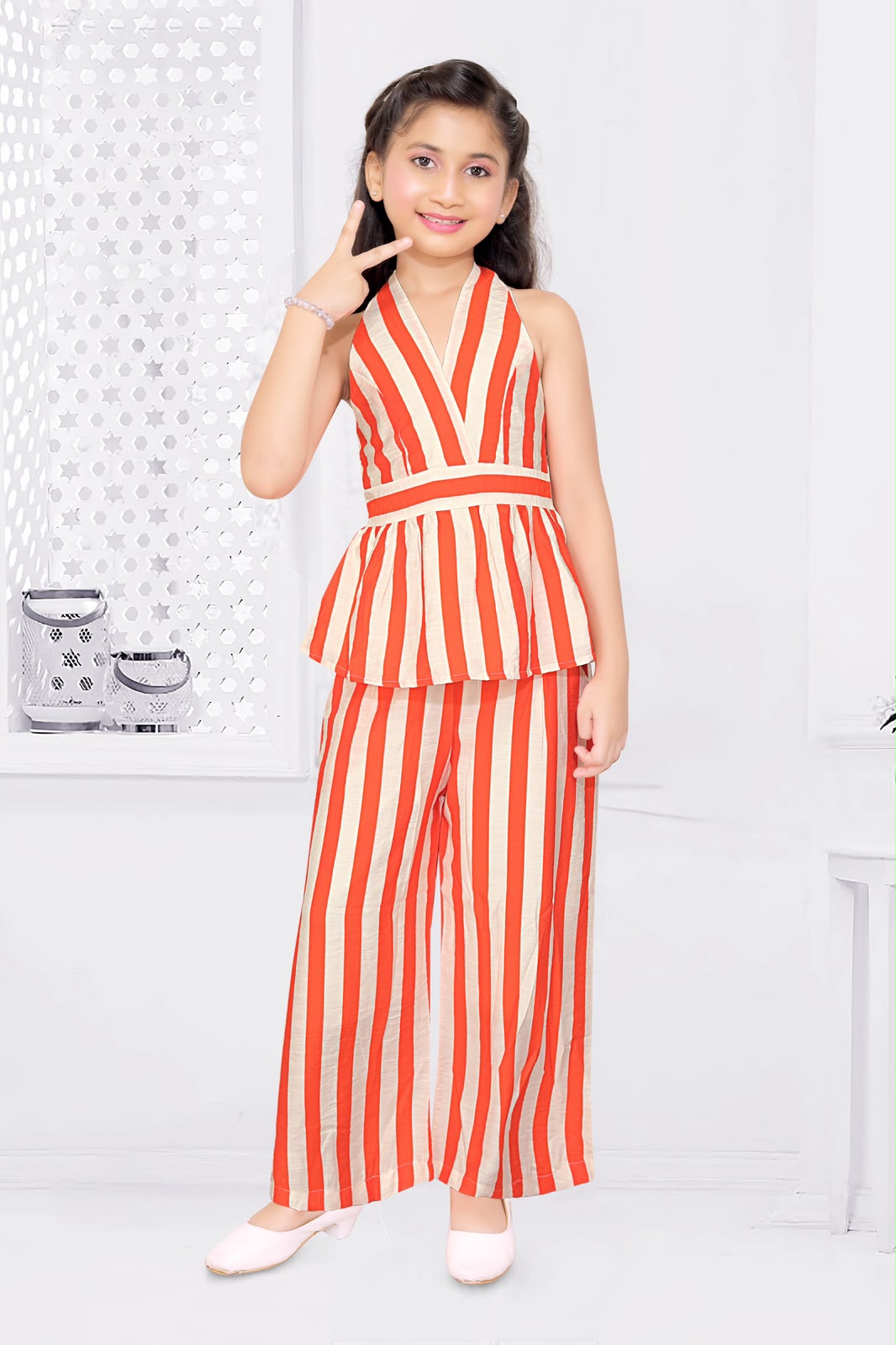 SHAGUN FASHION Girls Striped Halter Neck Peplum Top with Palazzo Pants Set