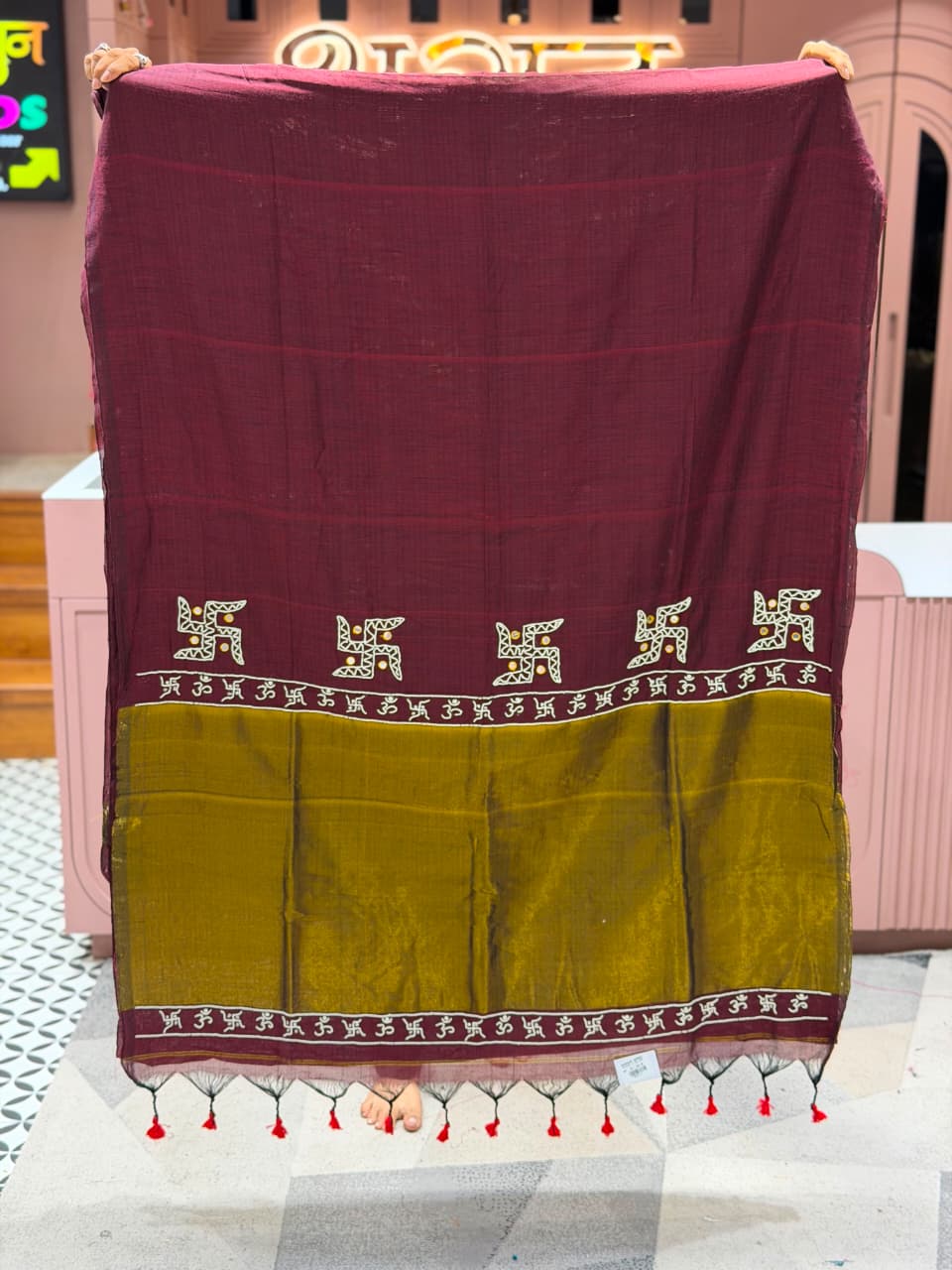 SHAGUN FASHION Premium Traditional Linen Saree with Swastik & Om Border