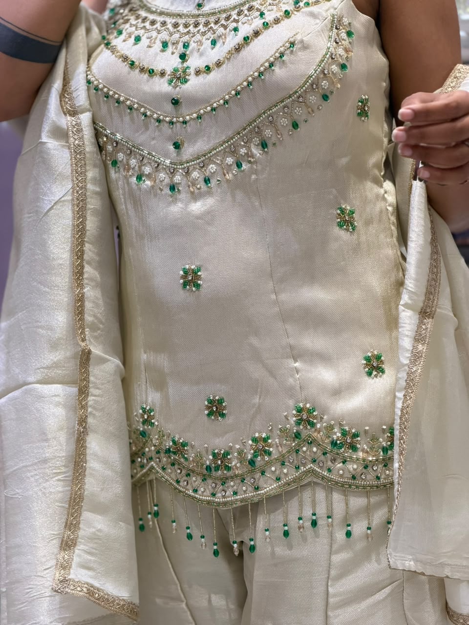SHAGUN FASHION Premium Off-White Sharara Set with Emerald Green Handwork