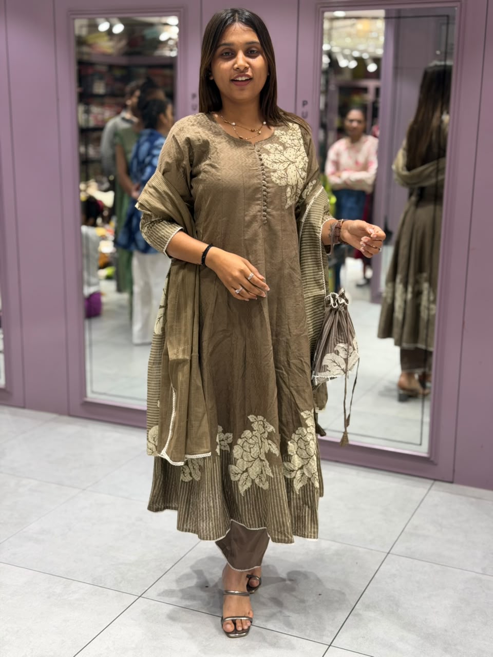 SHAGUN FASHION Elegant Brown Silk Anarkali Suit Set with Matching Dupatta & Potli Bag