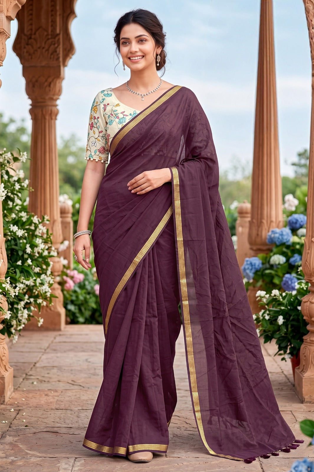 SHAGUN FASHION Premium Pure Cotton Saree With Designer Floral Blouse