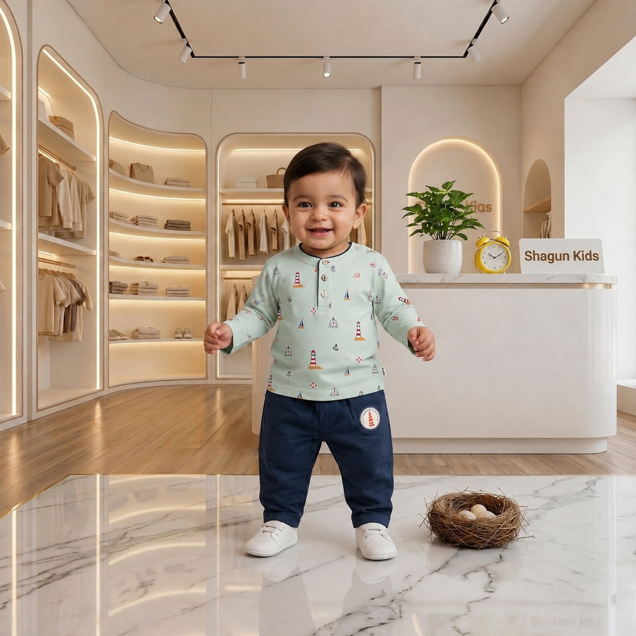 SHAGUN FASHION Cute Nautical Print Full Sleeve T-Shirt & Trousers Set for Baby Boys