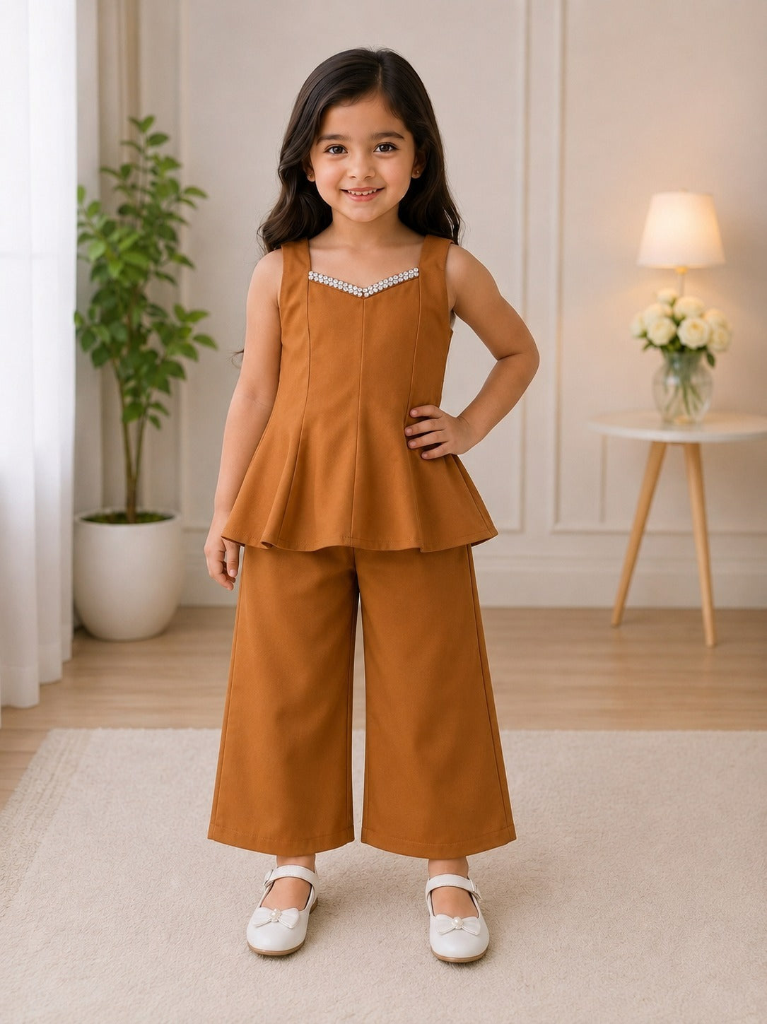 SHAGUN FASHION Girls Stylish Indo-Western Peplum Top & Wide Leg Palazzo Co-Ord Set