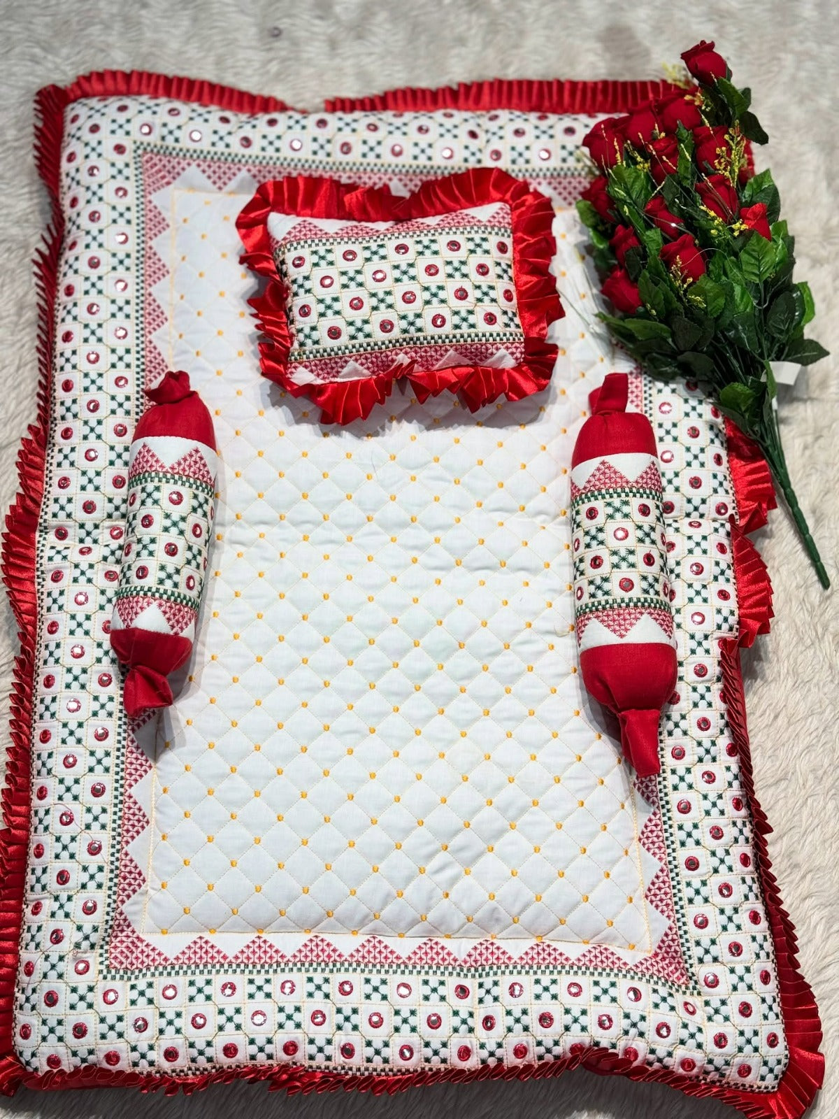 SHAGUN FASHION Premium Quilted Baby Bedding Set with Pillow & Side Bolsters (Traditional Mirror & Embroidery Work)